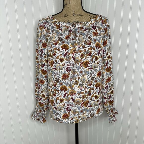 Loft Outlet Floral Blouse Sz S Elastic Cuff Fall Peasant Prairie Cottagecore - Picture 2 of 13